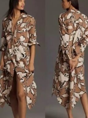 Anthropologie Maeve Soren Brown Floral Button-Front Midi Shirt Dress